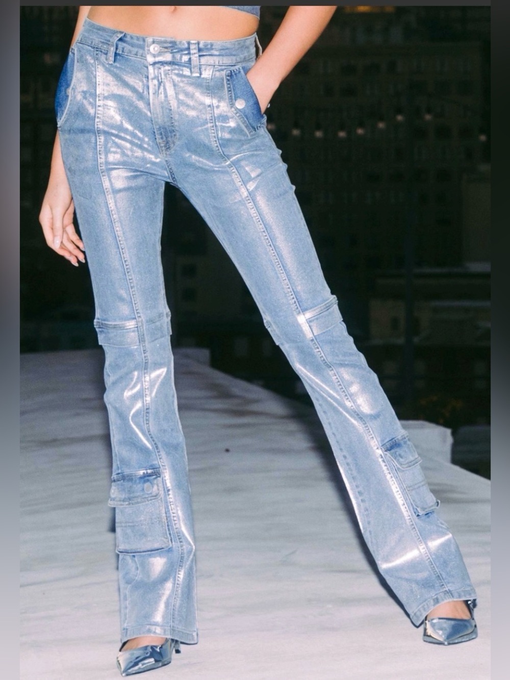 Women’s Light Blue Metallic Cargo Jeans
